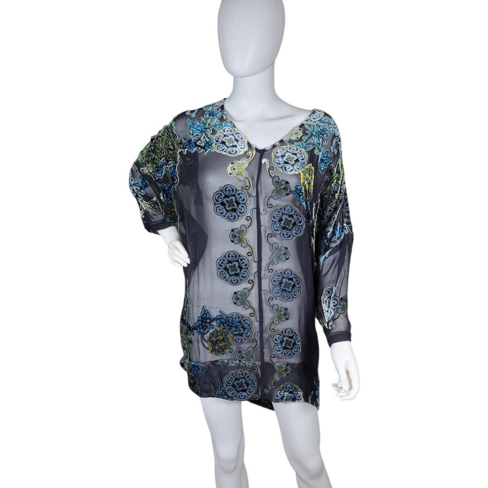 Citron Santa Monica Tunic Top Womens S Black Blue Velvet Burnout Oversized Sheer